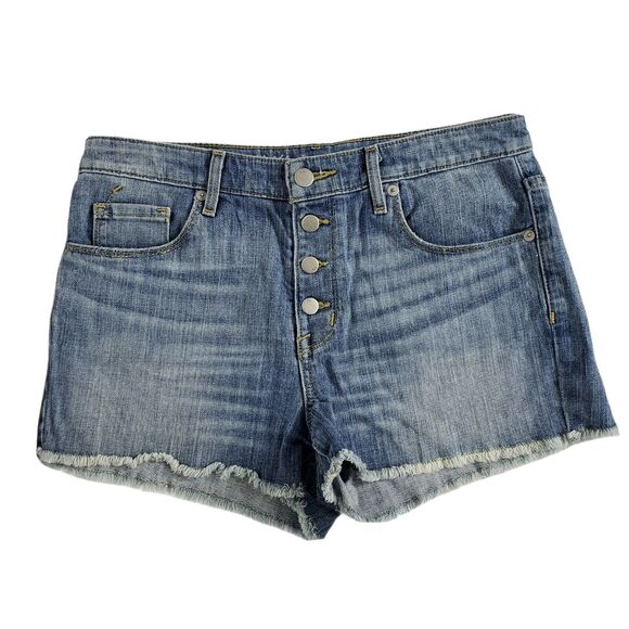 Mossimo Women’s Jean Shorts Sz 8/29 High Rise Denim Stretch Blue Button Fly Raw - Picture 1 of 7